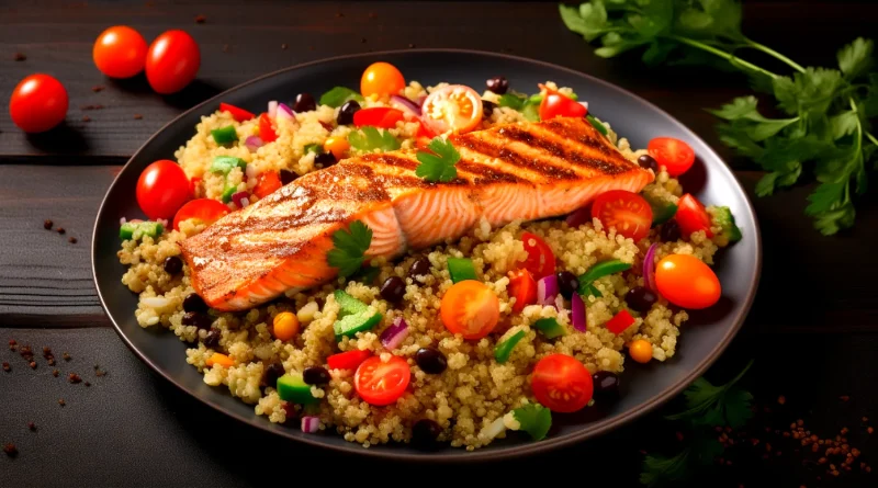 sem gluten Salmão Grelhado com Quinoa e Legumes