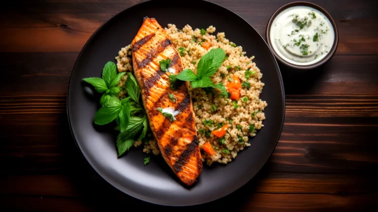 sem gluten Salmão Grelhado com Quinoa e Legumes